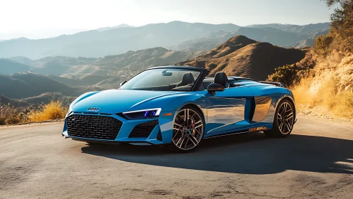 Blue Audi convertible sports car on mountain highway at sunset.