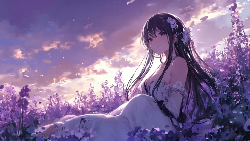 Girl in white dress sits in purple flower field at sunset