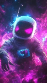 Cosmic astronaut drifts through neon pink space storm.