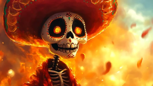 Fiery mariachi skeleton dances through swirling autumn embers.