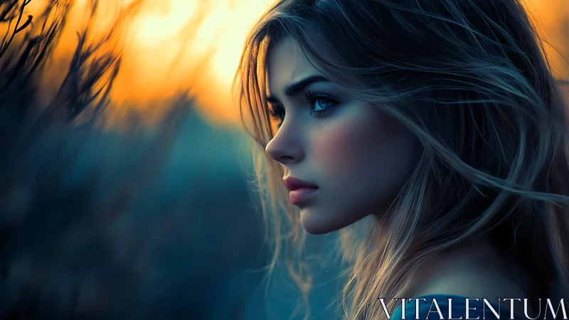 Digital portrait captures pensive woman in sunset field