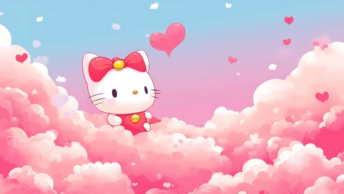 Kawaii white cat floats through dreamy pink heart clouds