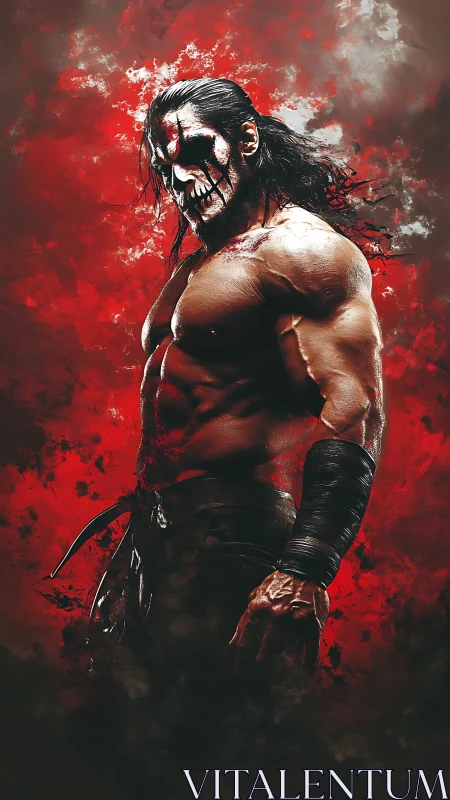 Warrior of crimson stormlight in fierce painted silence.