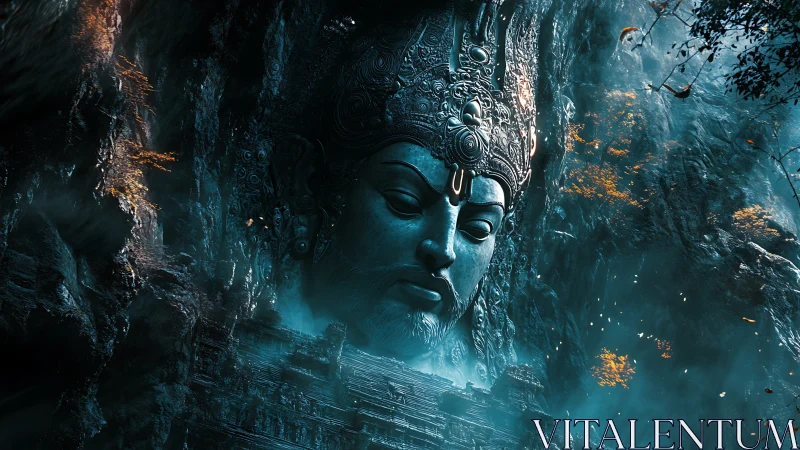 Colossal stone deity emerges in a mystical, misty canyon