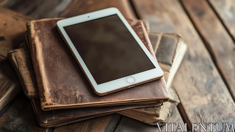 Photorealistic tablet on vintage leather journals, rustic tabletop.