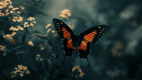 Midnight garden butterfly pausing between glowing blossoms.