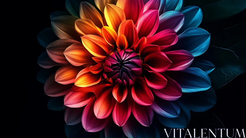 Prismatic Dahlia Blooming Through Color Spectrum Darkness.