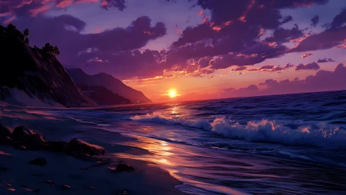 Sun sets over rocky coastline with waves reflecting violet light