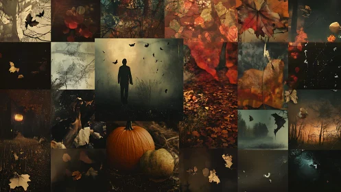 Autumnal horror montage with silhouetted wanderer centerpiece.