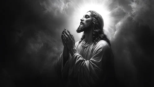 Radiant praying figure in luminous monochrome clouds.