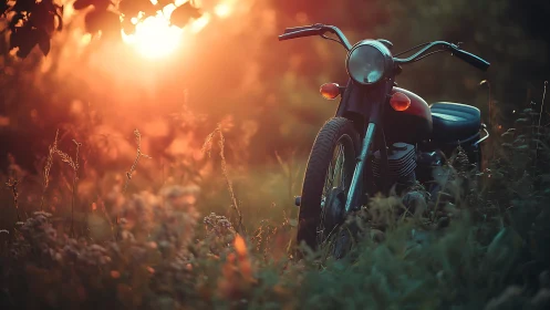 Vintage motorcycle rests in tall grass at warm sunset glow