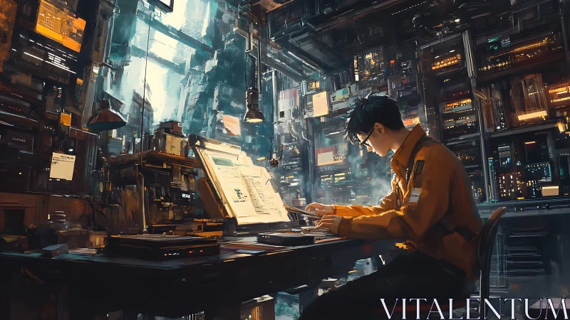 Cybernetic workspace illuminates lone coder in data-saturated lab