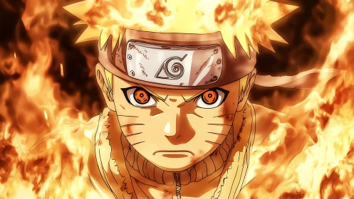 Fiery ninja warrior stares ahead in blazing determination.