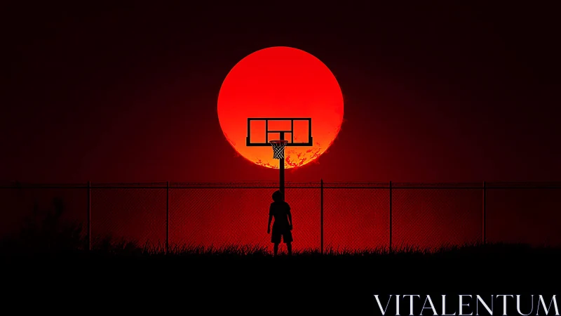 Silhouetted player below blazing red sun on court horizon.