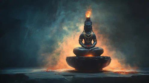 Digital painting of fiery meditative deity in cavernous void.