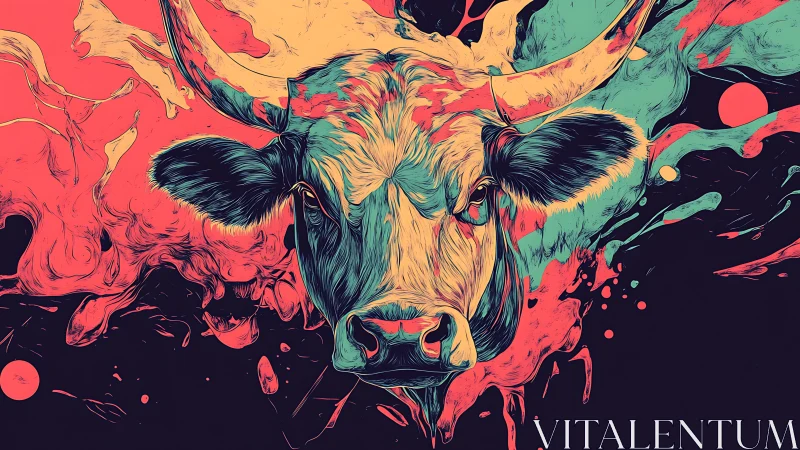 Surreal neon bull portrait explodes through liquid color