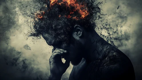 Side profile of male figure with burning fragmented head.