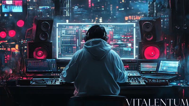 Hooded operator at multi-screen audio workstation at night.