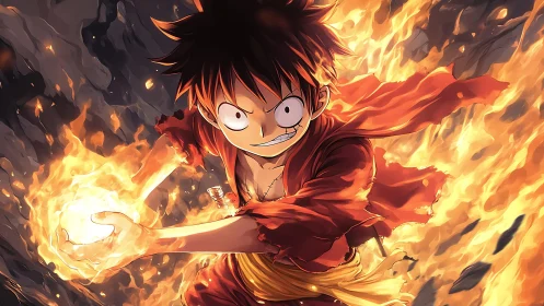 Dynamic anime fighter channels concentrated fire energy sphere mid-attack