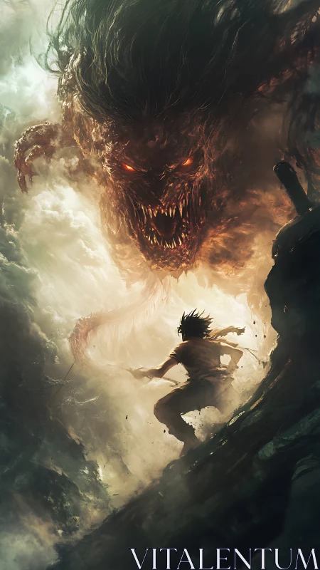 Warrior confronts massive fiery demon within swirling clouds