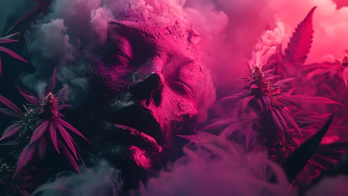Neon cannabis clouds envelop a dreaming metallic face.