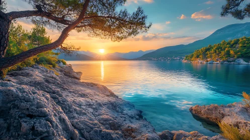 Sunset light reflects over tranquil rocky Mediterranean bay.