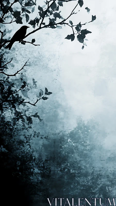 Silhouetted crow on branches emerges against textured mist sky