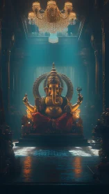 Golden Ganesha glows softly beneath a shimmering chandelier.