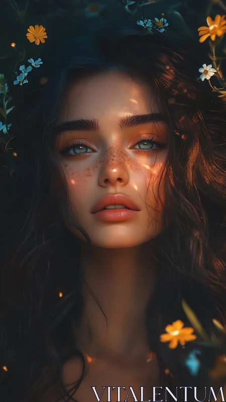Freckled forest muse in golden-hour cinematic lighting.