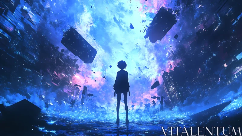 Silhouetted figure in collapsing neon city vortex under cosmos