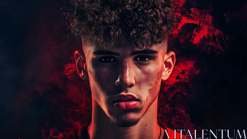 Intense male portrait in red smoke with dramatic low key lighting.