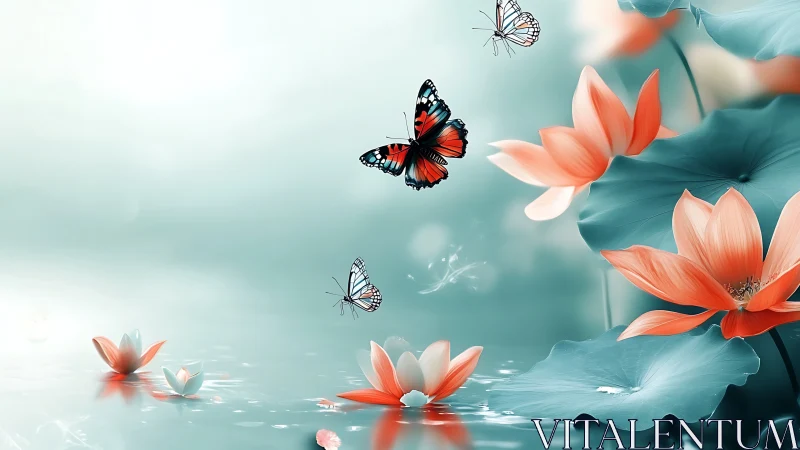 Butterflies above lotus flowers on calm reflective water surface.