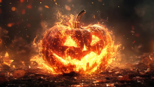Fiery Jack-O'-Lantern Ablaze Against Darkness.