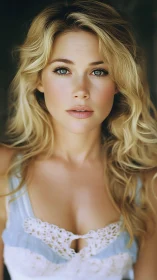 Portrait of young woman with wavy hair in soft lighting.