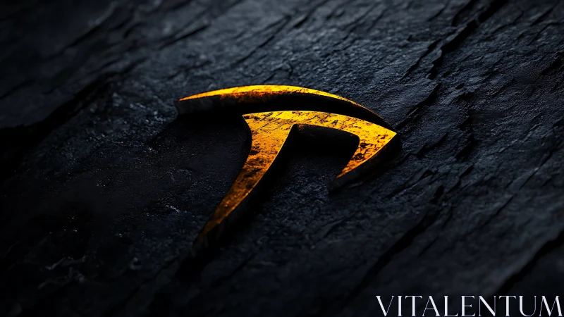 Molten metallic emblem embedded in dark slate surface.