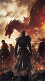 Dragonfire vanguard confronts blazing skyborn titan in ruin.