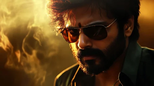 Brooding sunglasses rebel carved in molten sunset fire.