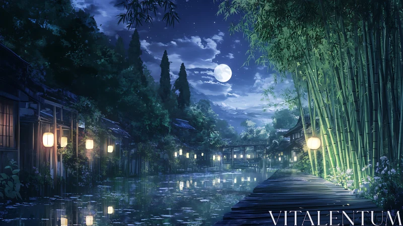 Moonlit bamboo riverside walk glowing with gentle lanterns.