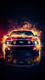 Muscle car front view engulfed in stylized digital flames.