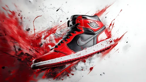 Explosive red and black sneaker rendered in dynamic digital art