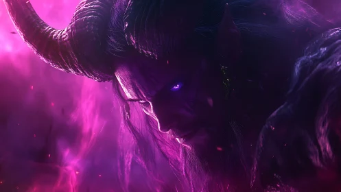 Storm of violet fire surrounds a horned demon&rsquo;s steady gaze