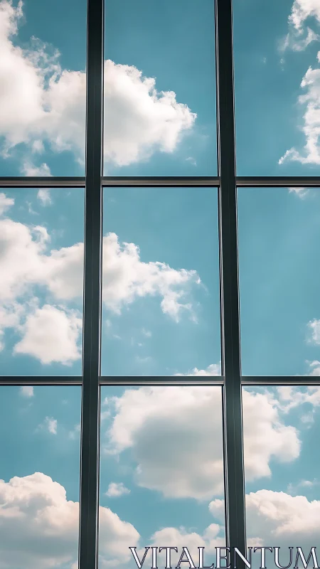 Soft clouds drift beyond bright window panes in calm sky