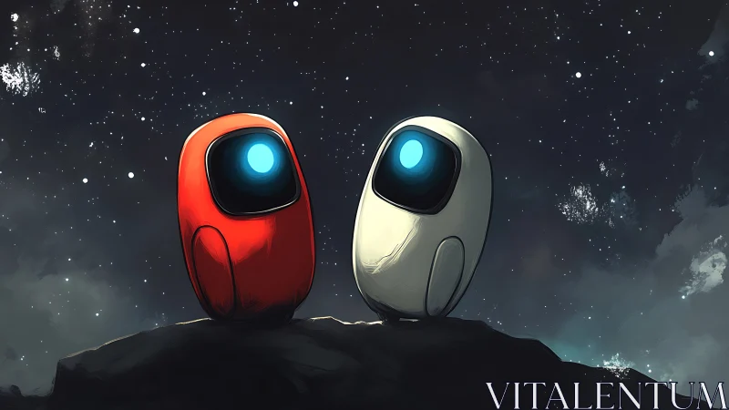 Stargazing robot duo trade quiet dreams beneath cosmic hush.
