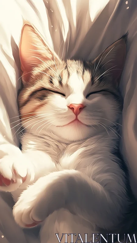 Serene White Tabby Cat Basking in Golden Sunlight.