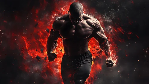 Muscular male runner emerges from explosive fire background