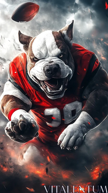 Fierce football bulldog charging through the smoky field.