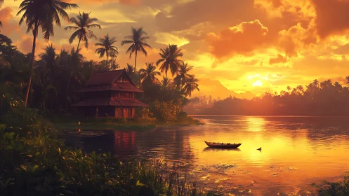 Sunlit tropical river home resting under glowing skies.