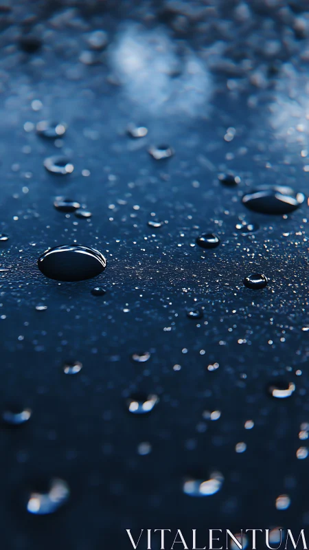 Water droplets on dark surface in shallow depth of field.