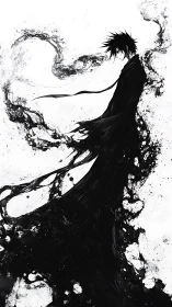 Monochrome ink-silhouette figure dissolves into splattered fluid dynamics