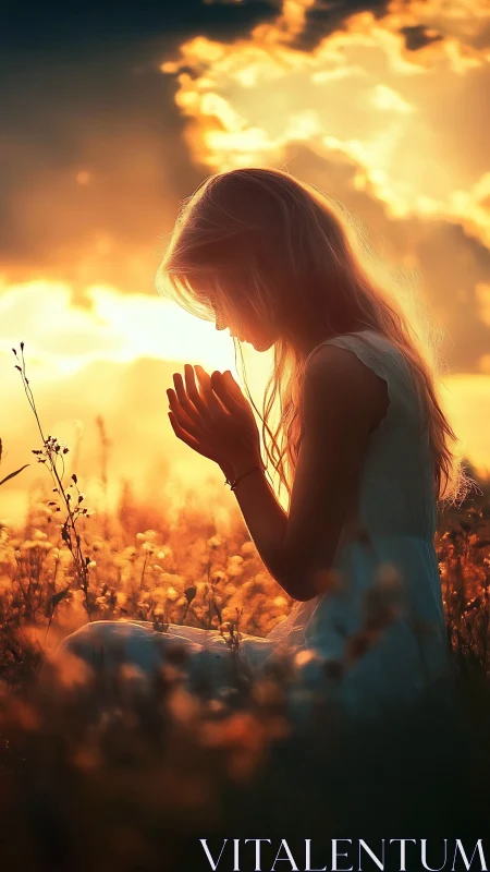 Silhouetted girl sits in backlit field at low sun angle